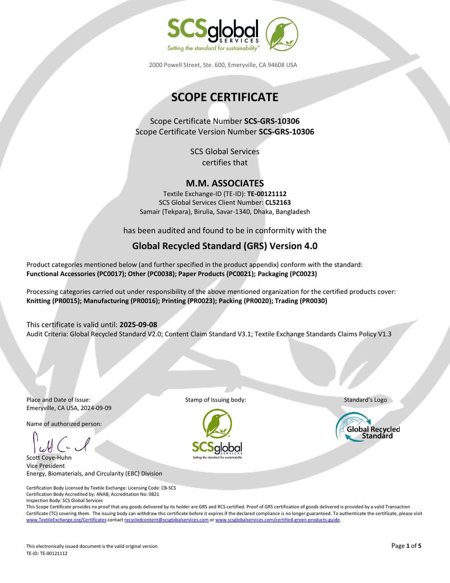 Global Recycled Standard (GRS) certificate document