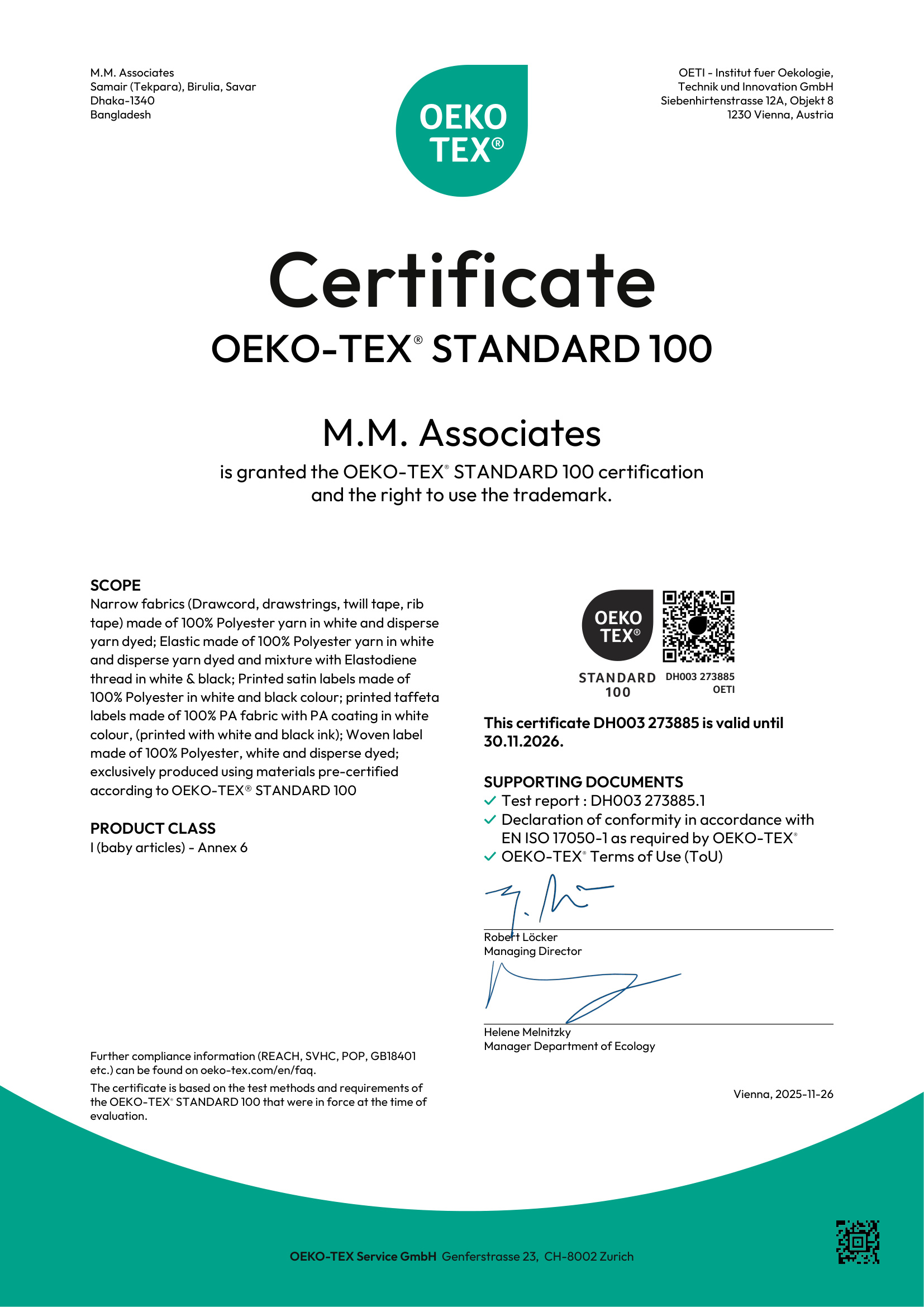 OEKO-TEX® Standard 100 certificate document